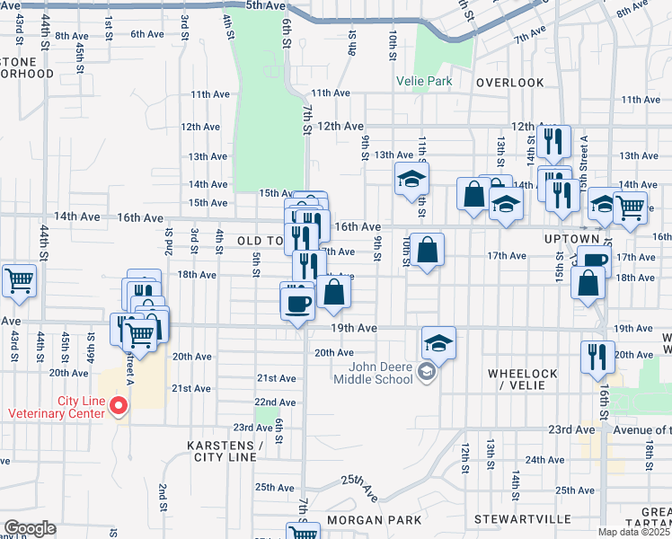 map of restaurants, bars, coffee shops, grocery stores, and more near 733 17th Avenue in Moline