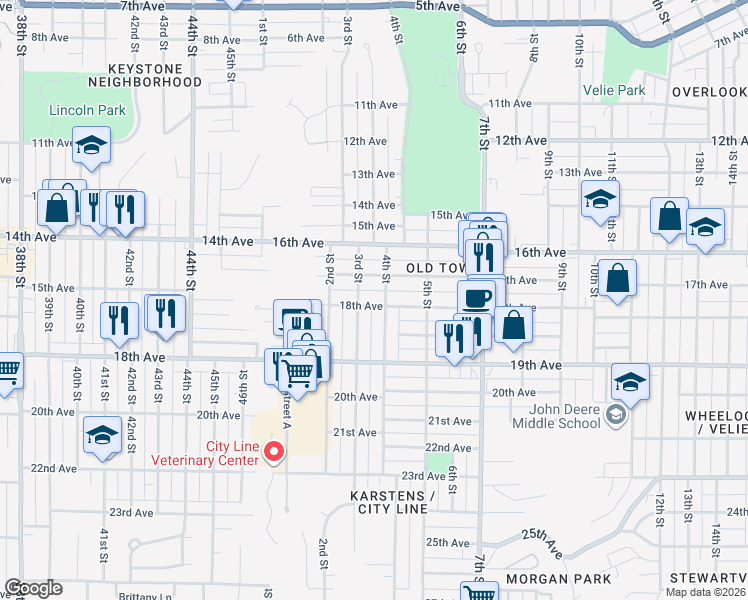 map of restaurants, bars, coffee shops, grocery stores, and more near 316 17th Avenue in Moline