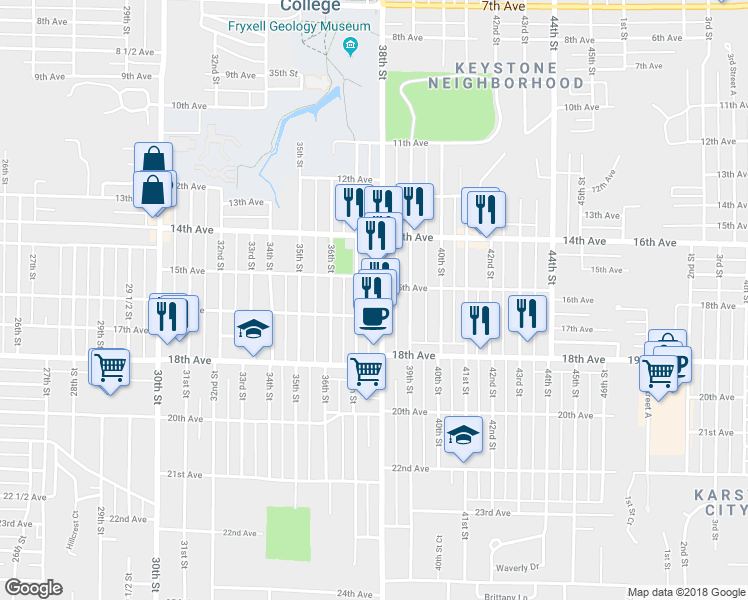 map of restaurants, bars, coffee shops, grocery stores, and more near 1441 38th Street in Rock Island