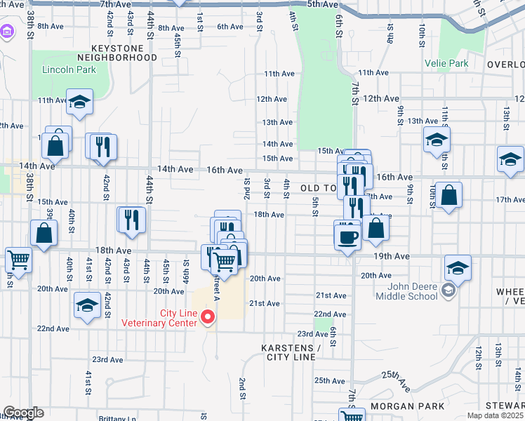 map of restaurants, bars, coffee shops, grocery stores, and more near 223 18th Avenue in Moline
