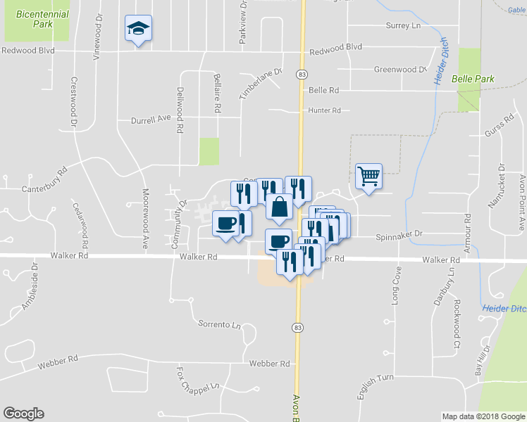 map of restaurants, bars, coffee shops, grocery stores, and more near 418 Avon Belden Road in Avon Lake