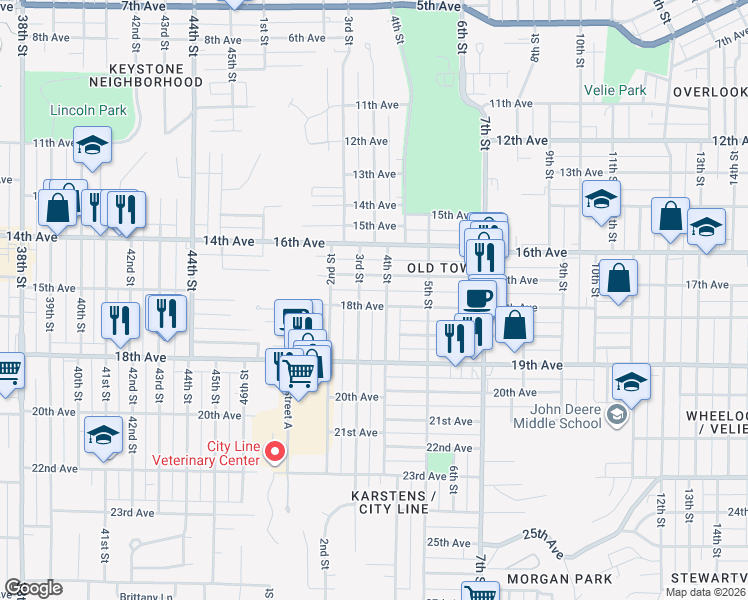 map of restaurants, bars, coffee shops, grocery stores, and more near 316 17th Avenue in Moline