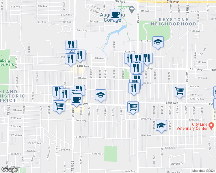map of restaurants, bars, coffee shops, grocery stores, and more near 1521 34th Street in Rock Island