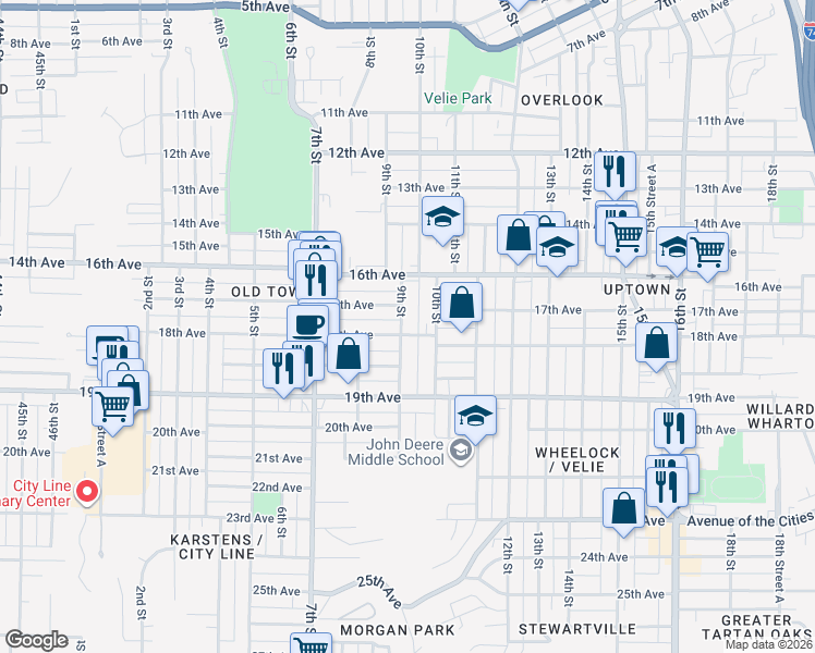 map of restaurants, bars, coffee shops, grocery stores, and more near 1726 9th Street in Moline
