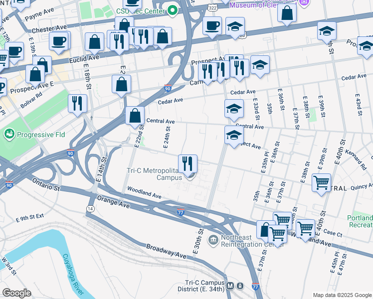 map of restaurants, bars, coffee shops, grocery stores, and more near 2565 Community College Avenue in Cleveland