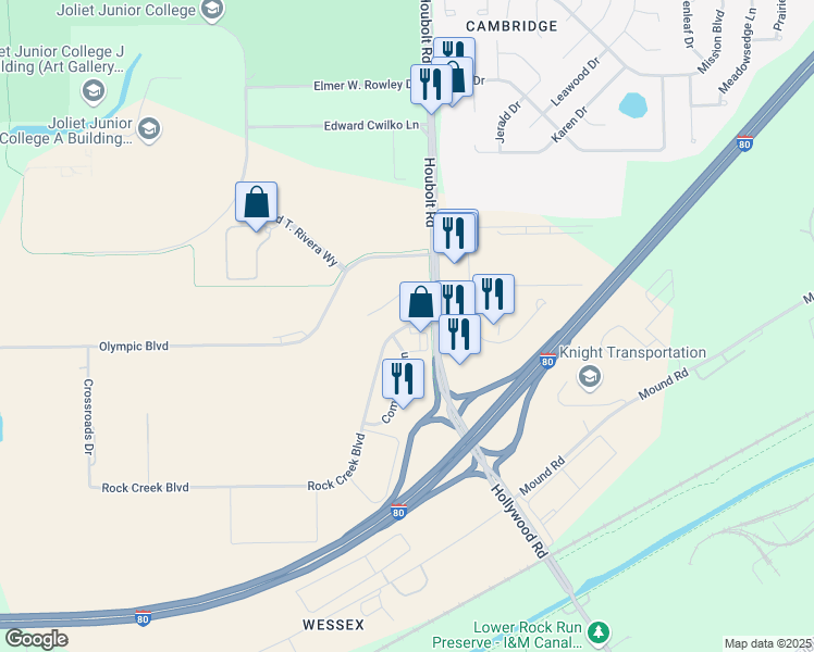 map of restaurants, bars, coffee shops, grocery stores, and more near 3659 Rock Creek Boulevard in Joliet