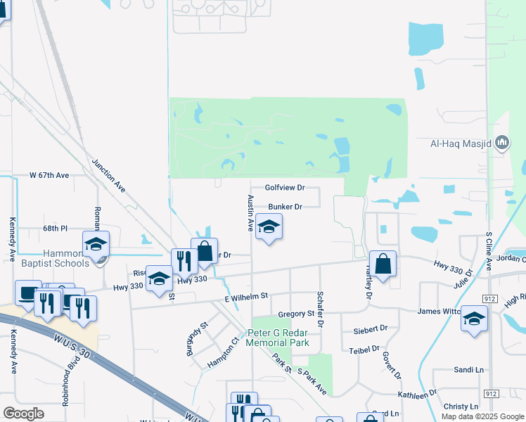 map of restaurants, bars, coffee shops, grocery stores, and more near 225 Golfview Drive in Schererville