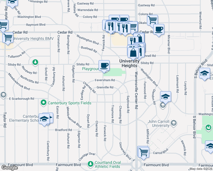 map of restaurants, bars, coffee shops, grocery stores, and more near 3853 Faversham Road in University Heights