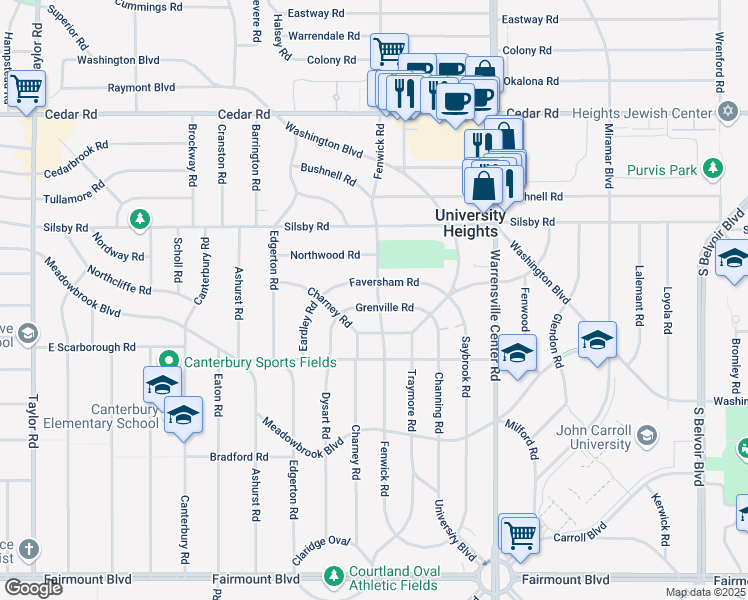 map of restaurants, bars, coffee shops, grocery stores, and more near 3853 Faversham Road in University Heights