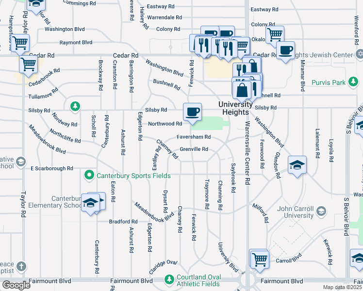 map of restaurants, bars, coffee shops, grocery stores, and more near 3853 Faversham Road in University Heights