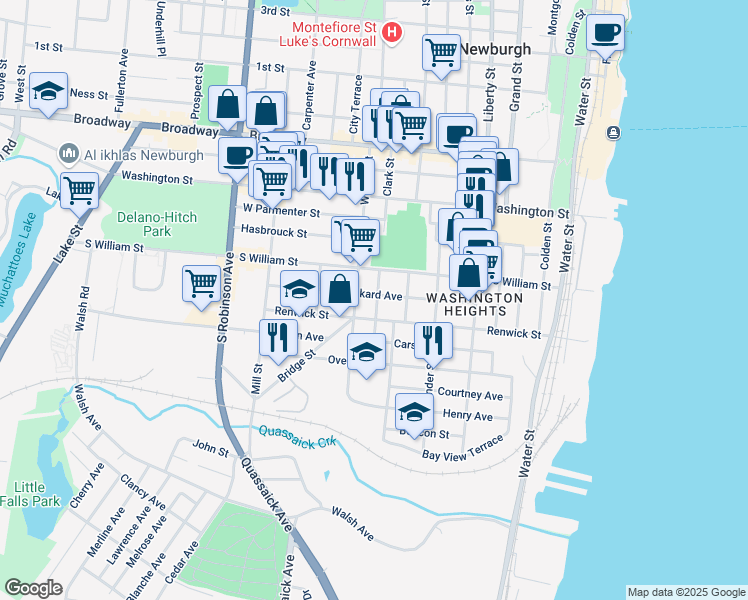 map of restaurants, bars, coffee shops, grocery stores, and more near 83 Benkard Avenue in Newburgh