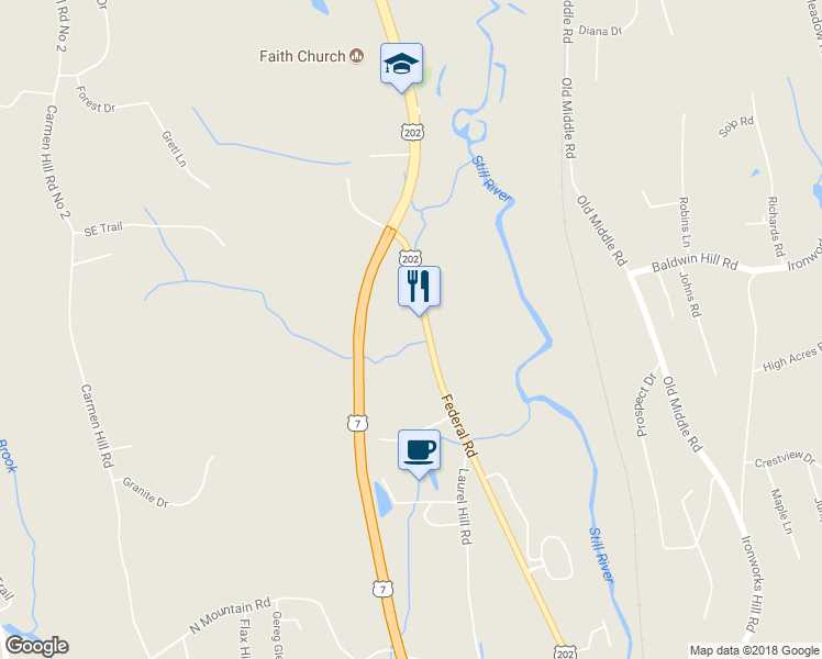 map of restaurants, bars, coffee shops, grocery stores, and more near 1024 Federal Road in Brookfield