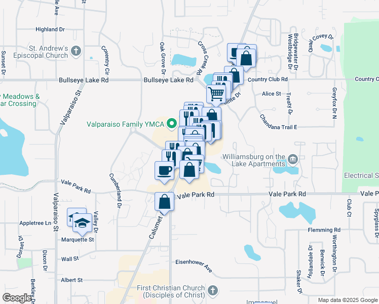 map of restaurants, bars, coffee shops, grocery stores, and more near 2801 Calumet Avenue in Valparaiso