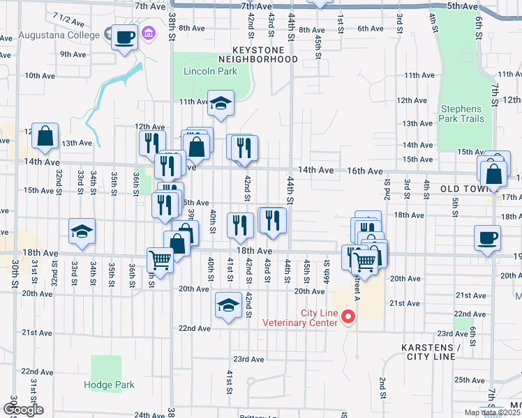 map of restaurants, bars, coffee shops, grocery stores, and more near 1433 43rd Street in Rock Island