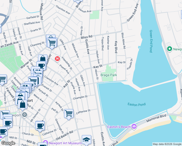 map of restaurants, bars, coffee shops, grocery stores, and more near 118 Kay Street in Newport