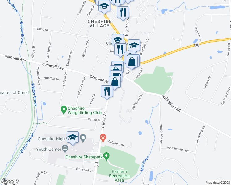 map of restaurants, bars, coffee shops, grocery stores, and more near 219 South Main Street in Cheshire