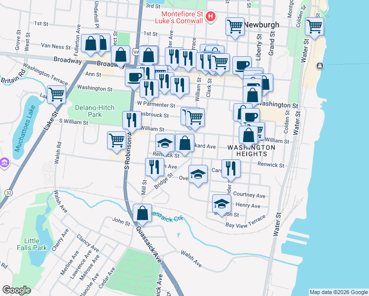 map of restaurants, bars, coffee shops, grocery stores, and more near 104 Benkard Avenue in Newburgh