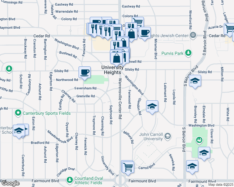 map of restaurants, bars, coffee shops, grocery stores, and more near 2326 Traymore Road in University Heights