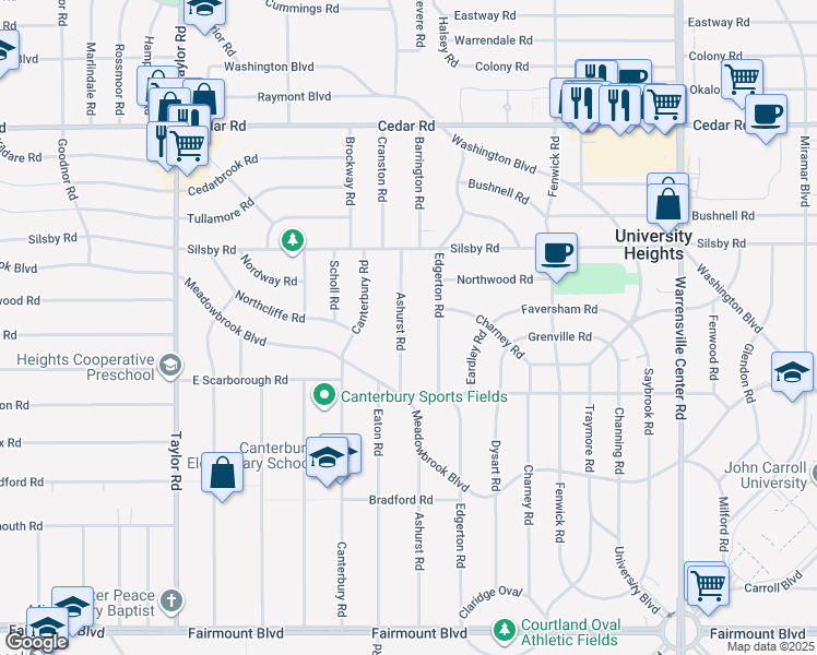 map of restaurants, bars, coffee shops, grocery stores, and more near 2340 Ashurst Road in University Heights