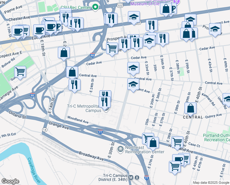 map of restaurants, bars, coffee shops, grocery stores, and more near 2726 Central Avenue in Cleveland