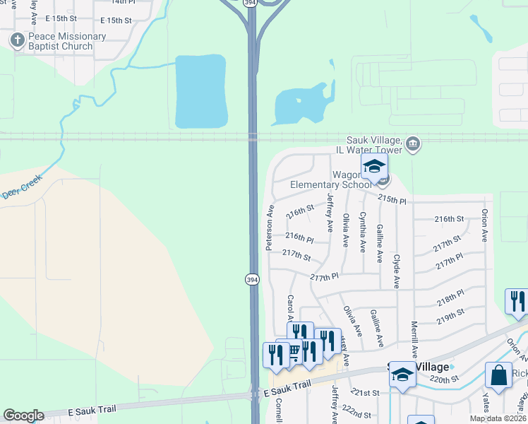 map of restaurants, bars, coffee shops, grocery stores, and more near 21558 Peterson Avenue in Sauk Village