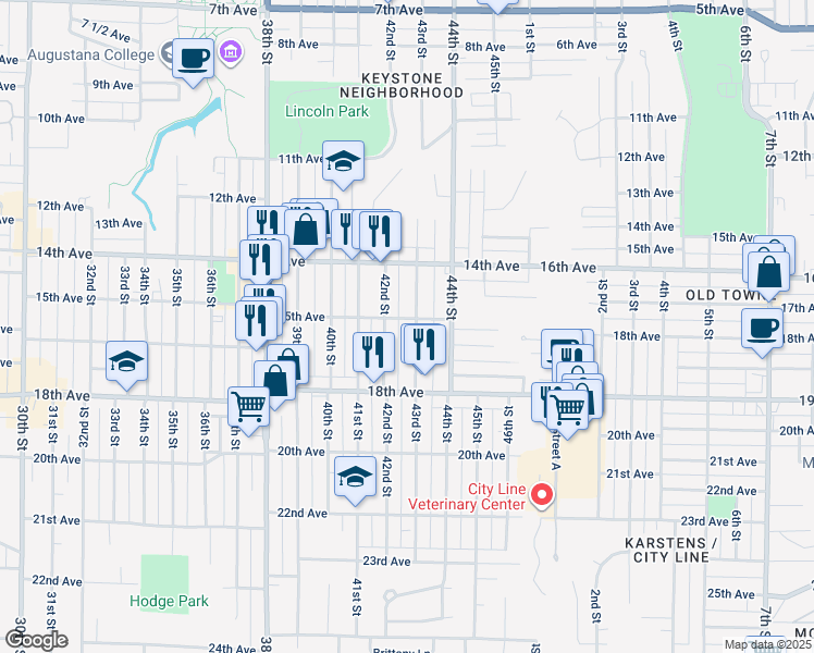 map of restaurants, bars, coffee shops, grocery stores, and more near 1433 43rd Street in Rock Island