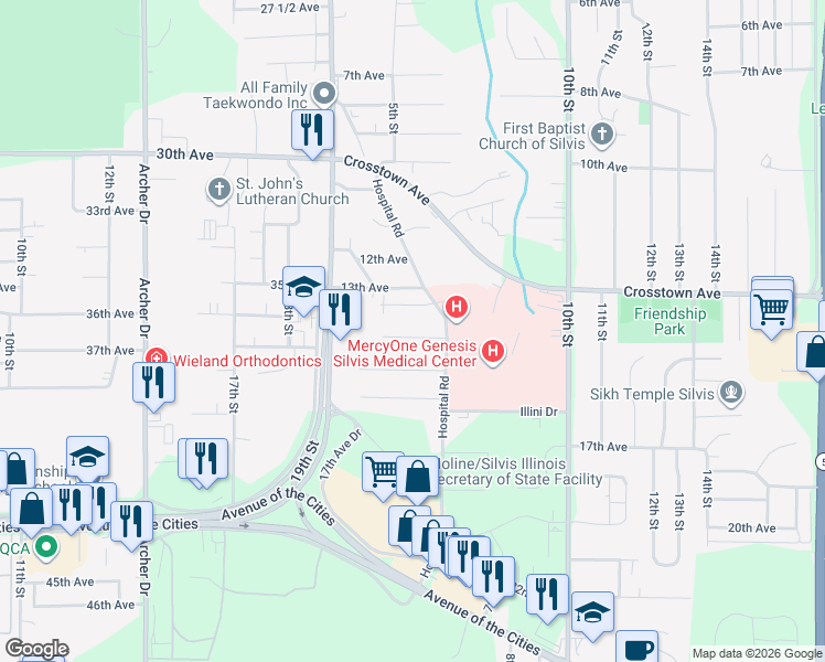 map of restaurants, bars, coffee shops, grocery stores, and more near 511 14th Avenue in Silvis