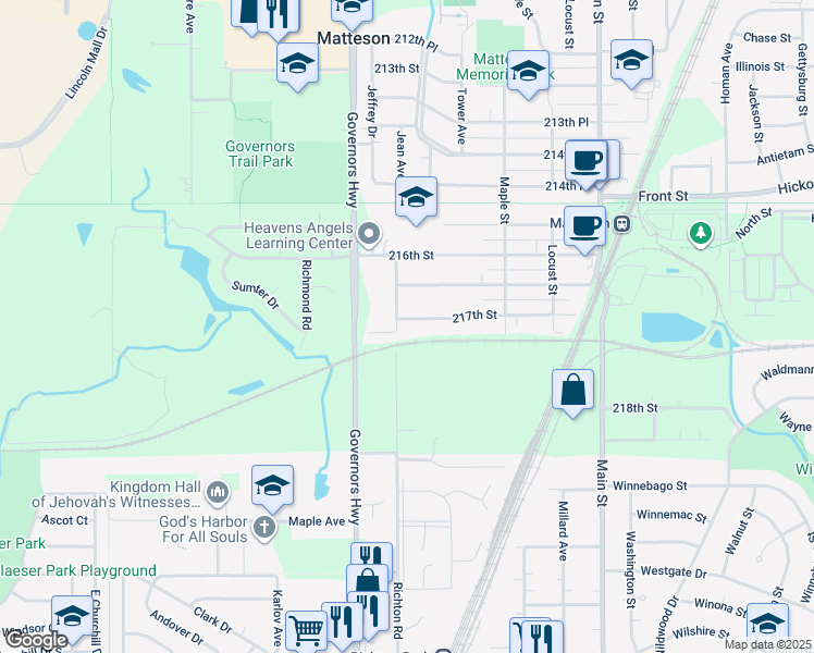 map of restaurants, bars, coffee shops, grocery stores, and more near 3861 217th Street in Matteson