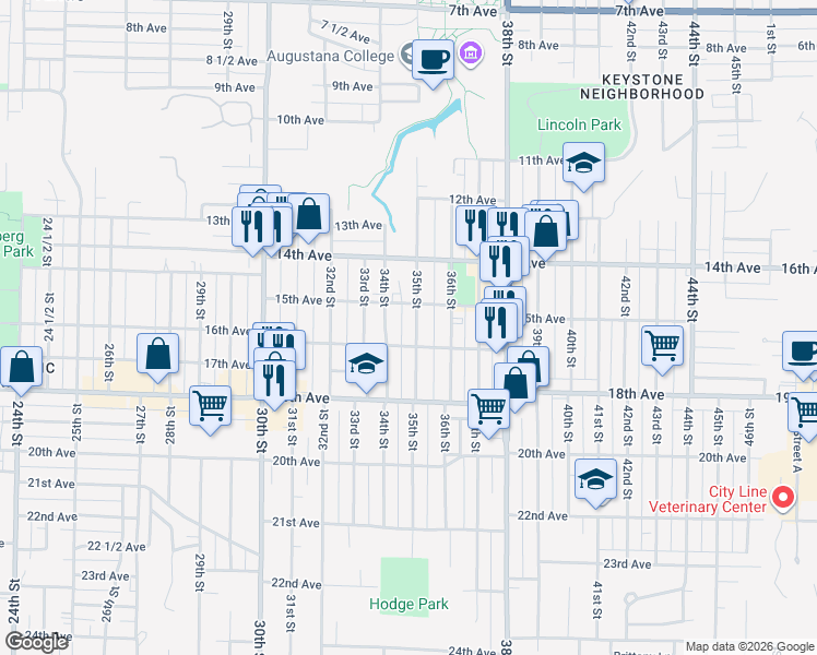 map of restaurants, bars, coffee shops, grocery stores, and more near 1521 34th Street in Rock Island