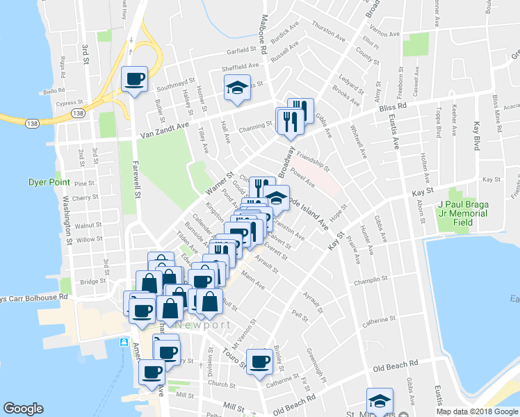 map of restaurants, bars, coffee shops, grocery stores, and more near 5 Gould Street in Newport