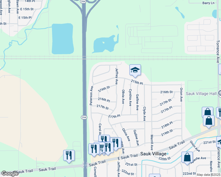 map of restaurants, bars, coffee shops, grocery stores, and more near 1620 215th Place in Sauk Village