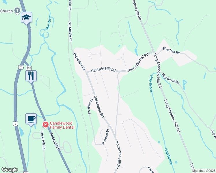 map of restaurants, bars, coffee shops, grocery stores, and more near 70 Ironworks Hill Road in Brookfield