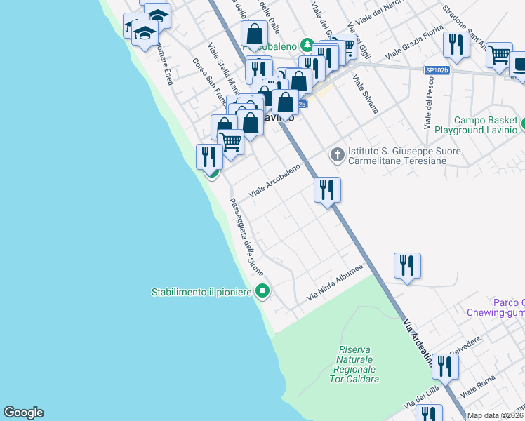 map of restaurants, bars, coffee shops, grocery stores, and more near 21 Viale del Sole in Anzio