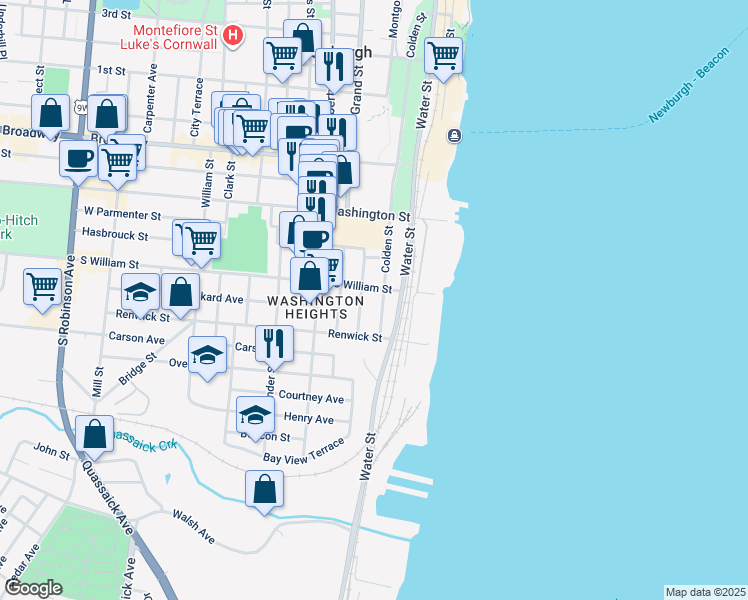 map of restaurants, bars, coffee shops, grocery stores, and more near 1 Lafayette Street in Newburgh