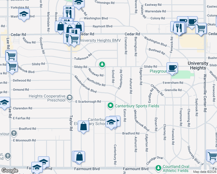 map of restaurants, bars, coffee shops, grocery stores, and more near 3605 Northcliffe Road in University Heights