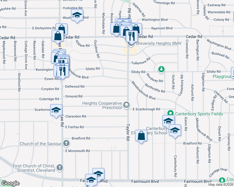 map of restaurants, bars, coffee shops, grocery stores, and more near 3392 Dellwood Road in Cleveland Heights