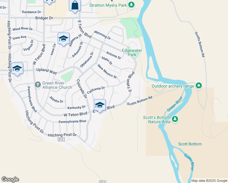 map of restaurants, bars, coffee shops, grocery stores, and more near 1730 California Drive in Green River