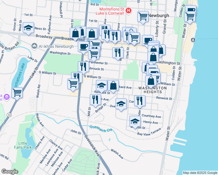 map of restaurants, bars, coffee shops, grocery stores, and more near 104 Benkard Avenue in Newburgh