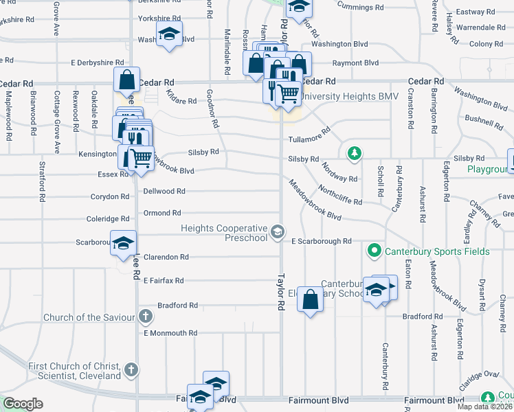 map of restaurants, bars, coffee shops, grocery stores, and more near 3392 Dellwood Road in Cleveland Heights