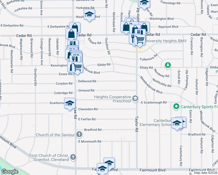 map of restaurants, bars, coffee shops, grocery stores, and more near 3352 Dellwood Road in Cleveland Heights
