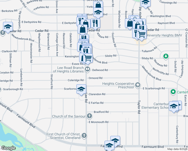 map of restaurants, bars, coffee shops, grocery stores, and more near 3232 Dellwood Road in Cleveland Heights