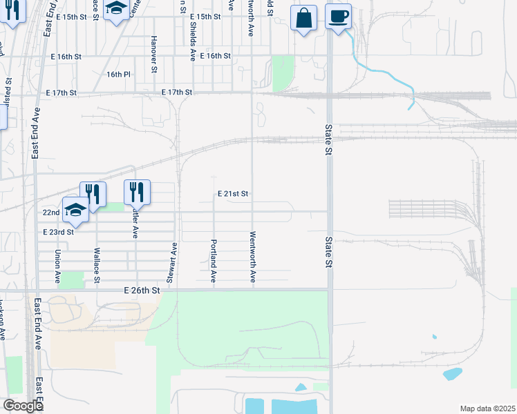 map of restaurants, bars, coffee shops, grocery stores, and more near 2103 Wentworth Avenue in Chicago Heights