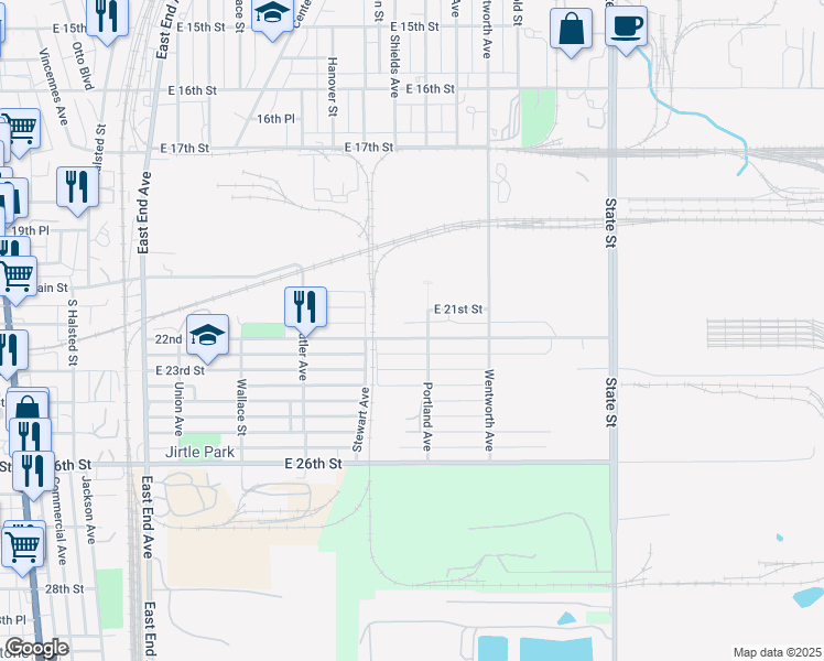 map of restaurants, bars, coffee shops, grocery stores, and more near 2100 Portland Avenue in Chicago Heights