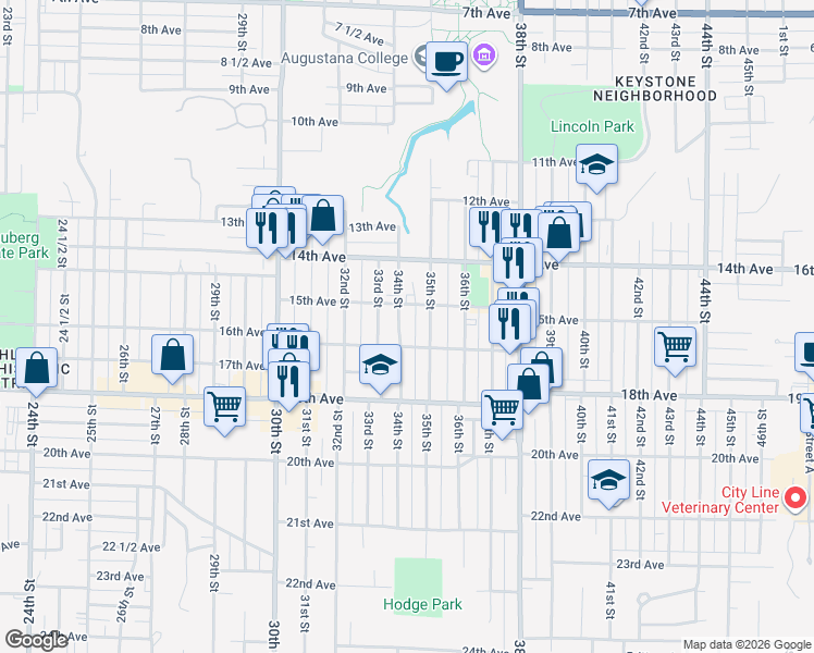map of restaurants, bars, coffee shops, grocery stores, and more near 1521 34th Street in Rock Island