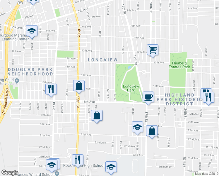 map of restaurants, bars, coffee shops, grocery stores, and more near 1526 15th Street in Rock Island