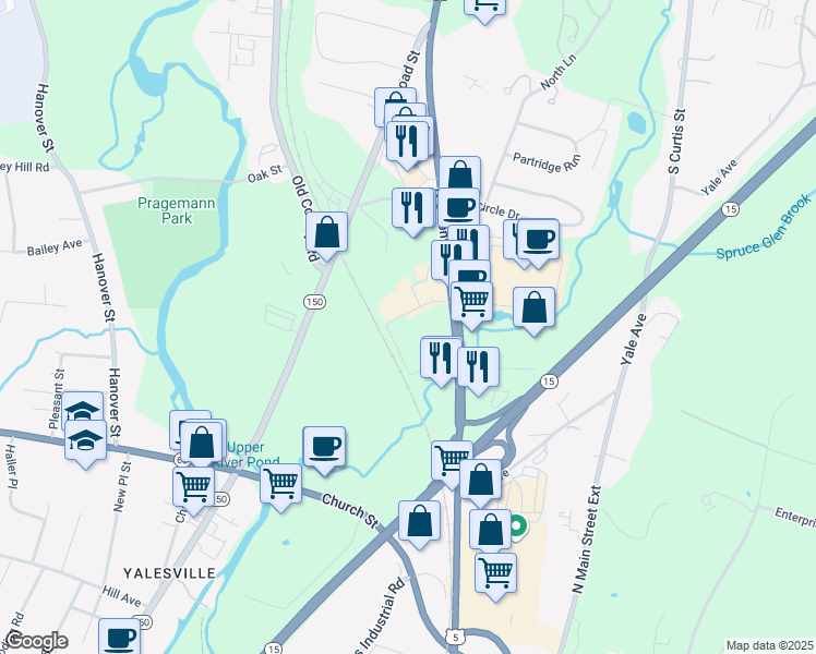 map of restaurants, bars, coffee shops, grocery stores, and more near 50 in Wallingford