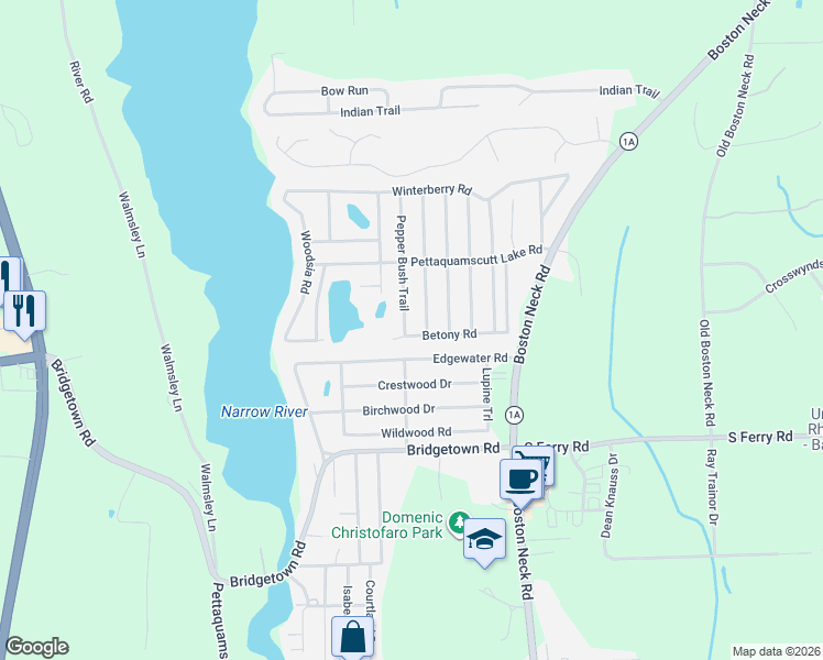 map of restaurants, bars, coffee shops, grocery stores, and more near 7 Pepper Bush Trail in Narragansett