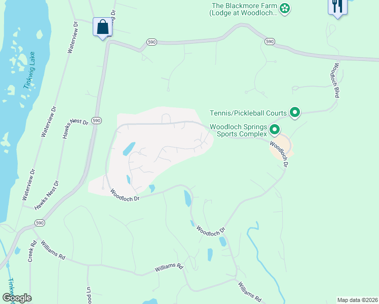 map of restaurants, bars, coffee shops, grocery stores, and more near 112 Woodloch Springs in Hawley