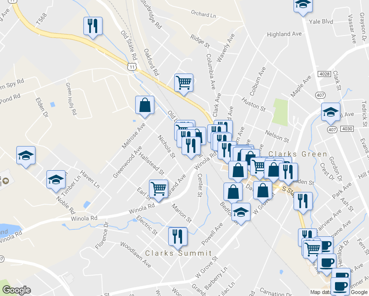map of restaurants, bars, coffee shops, grocery stores, and more near 100 Old Lackawanna Trail in Clarks Summit