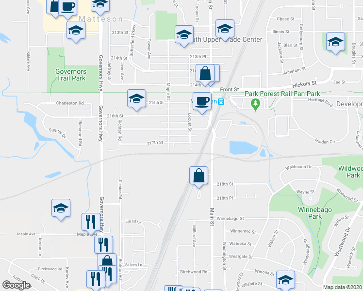 map of restaurants, bars, coffee shops, grocery stores, and more near 3715 217th Street in Matteson